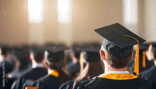 A group of graduates wearing black graduation caps at a commencement ceremony, with the focus on one graduate in the foreground