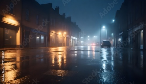A rainy night in a small town, with blurred street lights and buildings reflected in the wet pavement. The scene has a moody, atmospheric feel © Studio One