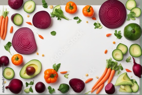 'isolated vegetable pieces fresh slices vegetables beetroot carrot avocado bell pepper cucumber row top view white background clipping path slice cut half 5 fruit closeup cut-out food ingredient'