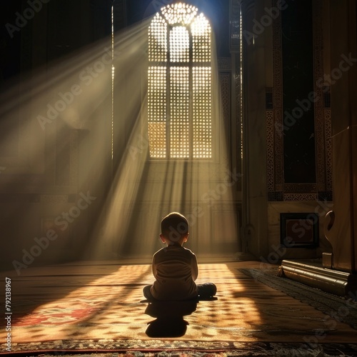 A small child prays in a mosque with dim lighting, a small Muslim child sits quietly with the help of ventilation lighting. Religious, cultural, religion concept. photo