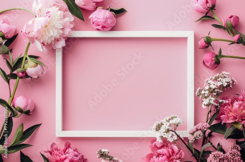 White Frame With Flowers on Pink Background
