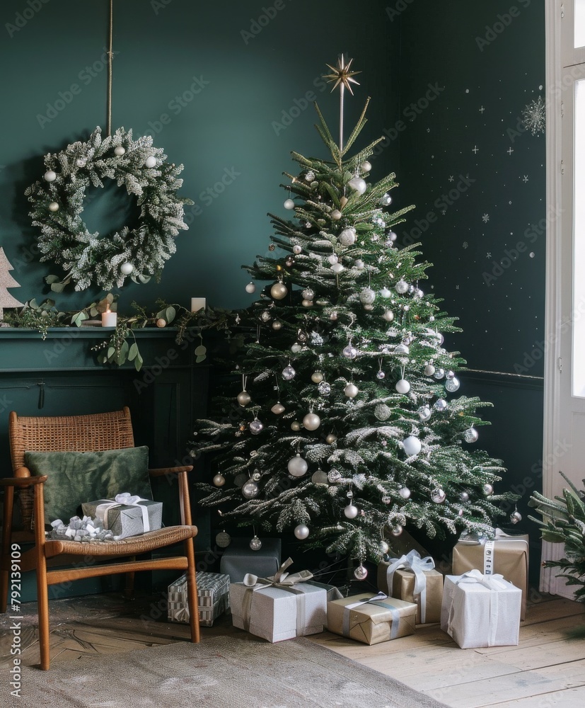 Obraz premium Festive Living Room With Christmas Tree and Presents