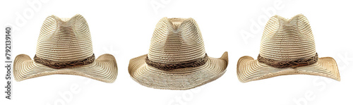 Authentic western straw cowboy hats with decorative bands, ideal for rustic style ensembles, presented in multiple angles for fashion and country-themed designs