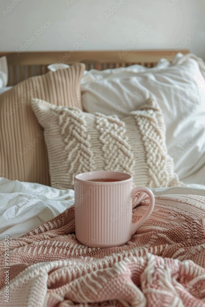 Pink Cup on Bed Next to Pillows