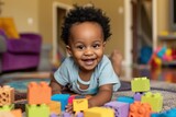 Cute African American toddler playing with colorful toys. Generate AI image