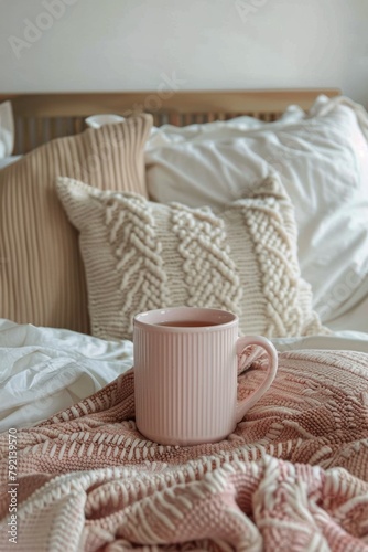 Pink Cup on Bed Next to Pillows