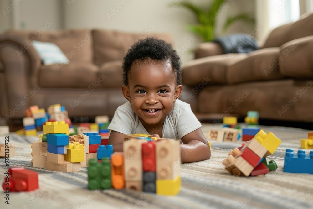 Cute African American toddler playing with colorful toys. Generate AI image