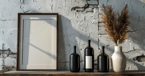Table Set With Bottles of Wine and Picture Frame