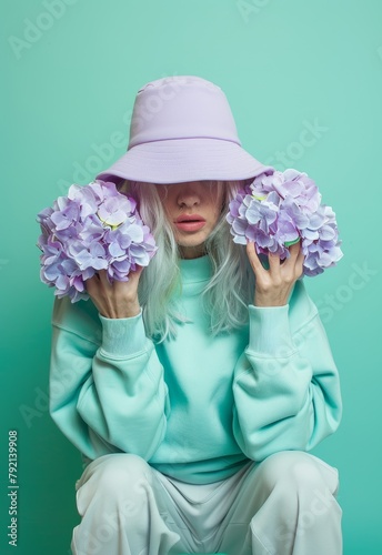 Woman in Pink Hat Holding Flowers