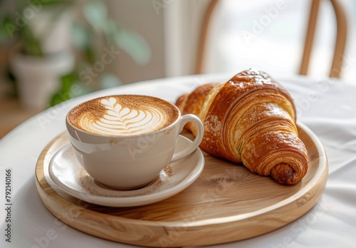 A Cup of Coffee and a Croissant on a Wooden Tray