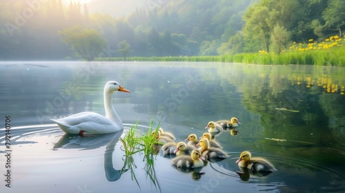 BEAUTIFUL duck with her ducklings on a calm lake at dawn in high resolution and high quality hd