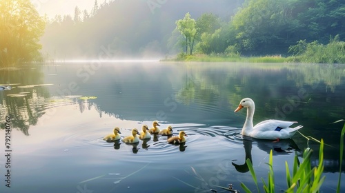 BEAUTIFUL duck with his ducklings photo