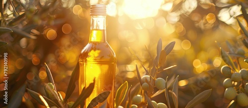 Olive Oil Bottle on Olive Tree
