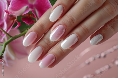 Womans Hand With White Manicure and Pink Flowers