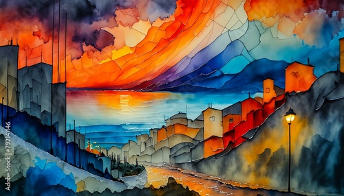 An alcohol ink mosaic depicting stormy skies at sunset, with swirling grays and dark blues photo