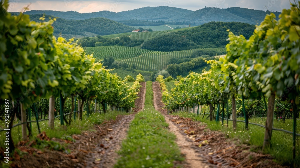 Fototapeta premium Dirt Road Cutting Through Lush Green Vineyard