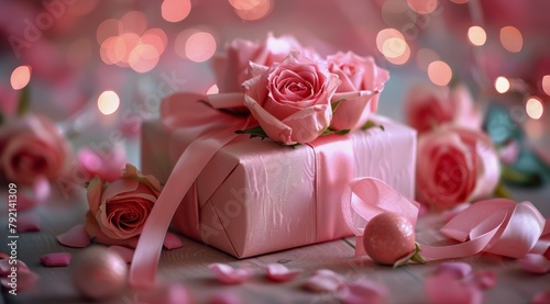 Pink Gift Box With Pink Roses on Table