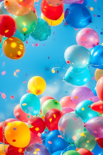 Multicolored balloons with helium on a blue sky abstract background. Concept of happy birthday, new year, party, wedding, valentine, happiness, joy, festival, holiday promotion banner.
