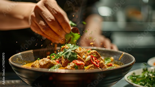 A chef garnishing a bowl of green curry with pork, sprinkling freshly chopped cilantro and red chili slices on top for a burst of color and flavor.