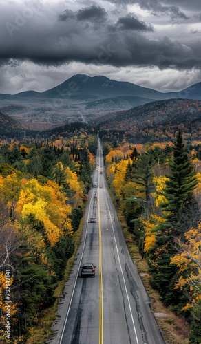 Long Road Through Forest With Mountains