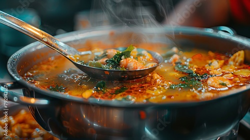 A close-up of a ladle scooping piping hot Tom Yum soup into a bowl, showcasing the vibrant colors and rich flavors of the dish.