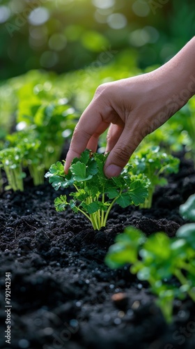 Hand Reaching for Plant in Dirt