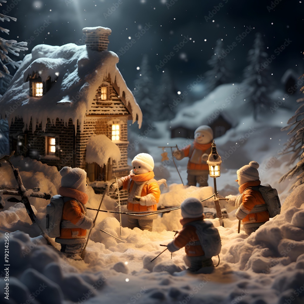 Christmas and New Year background. Santa Claus in the village. Winter landscape.