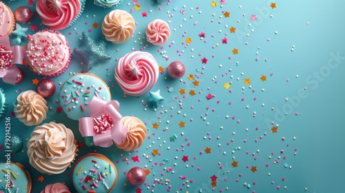 Colorful Cupcakes and Sprinkles on a Blue Background