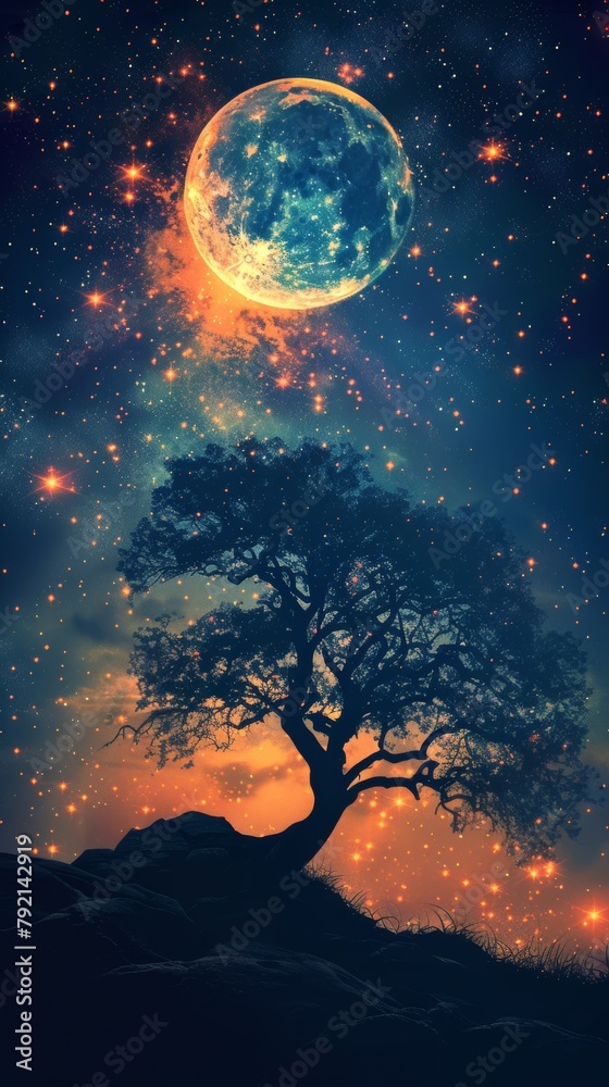 Tree Silhouetted Against Night Sky