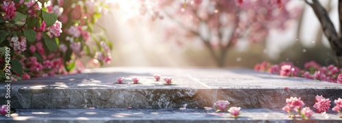 Stone Table Surrounded by Flowers in a Garden