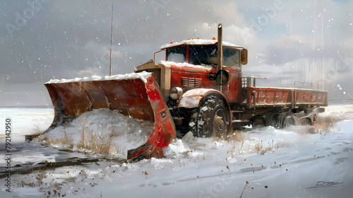 snow plow pushing scoop painting illustration