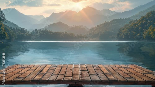 Wooden pedestal with beautiful background views of lakes video animation
 photo