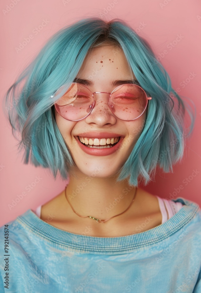 Woman With Blue Hair Wearing Pink Sunglasses Woman With Blue Hair Wearing Pink Sunglasses