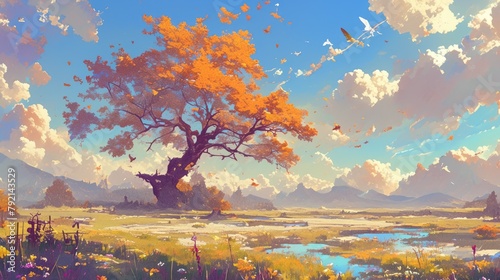 An enchanting 2d illustration capturing the scenic beauty of autumn fall season nature landscape