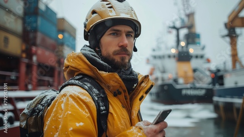 Man in Yellow Jacket Looking at Cell Phone