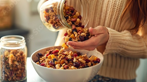 A woman pouring a handful of mixed dried fruits and nuts into a bowl, preparing a nutritious trail mix for on-the-go energy and satisfaction.