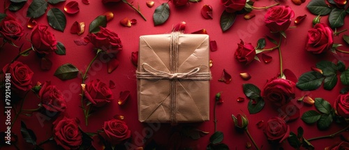 Brown Paper Wrapped Present Surrounded by Red Roses