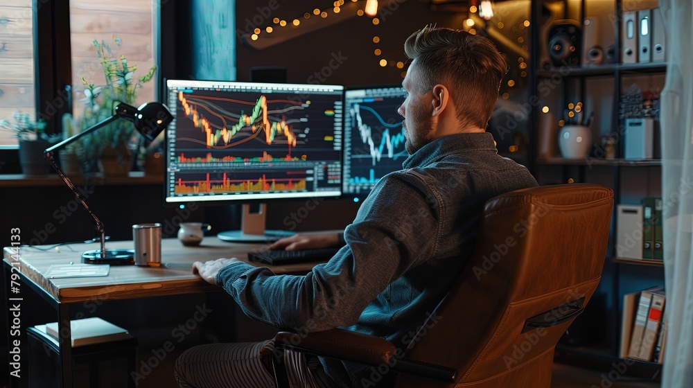 An investor sitting in a home office, monitoring stock market movements and adjusting their investment portfolio using online trading platforms.