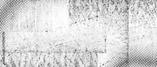 Halftone grunge punk texture. Distorted rough dirty scratches and splashes background. Dotted glitch wallpaper for brochure, banner, poster, flyer, print, overlay. Distress scuffed vector backdrop