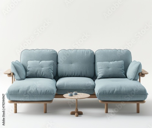 Blue Couch With Pillows and Table