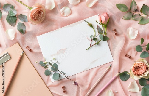 Notepad, Pen, and Flowers on Pink Background