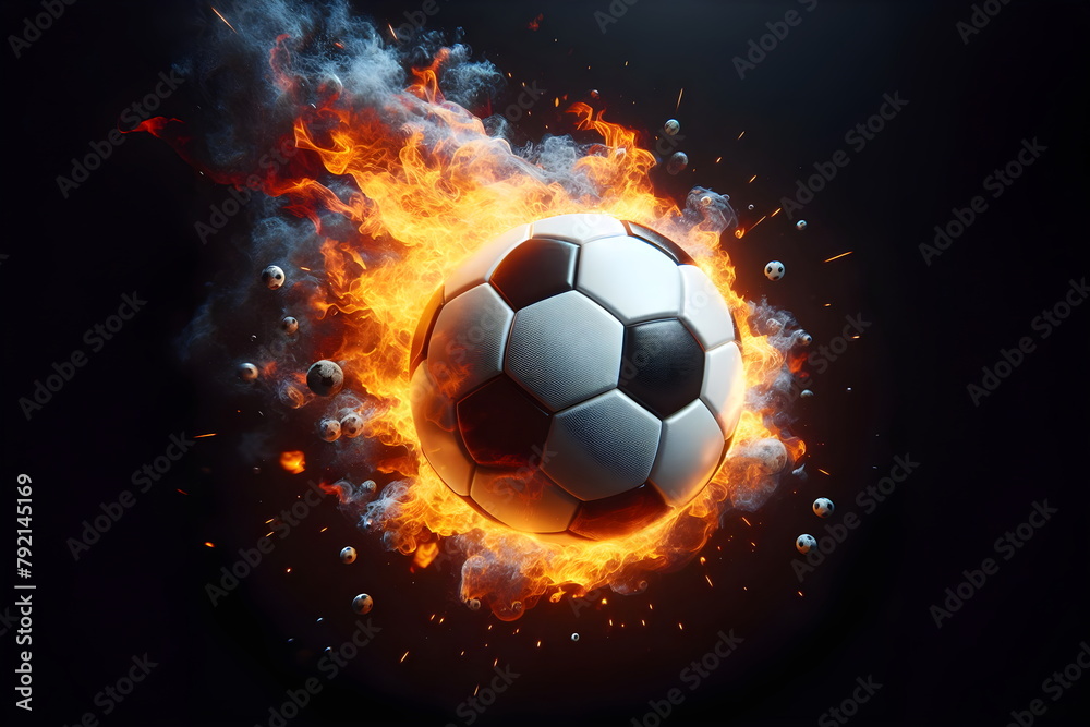 Naklejka premium a close up of a soccer ball on fire with a black background
