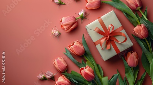 Gift Wrapped in White Paper With Red Bow Surrounded by Tulips