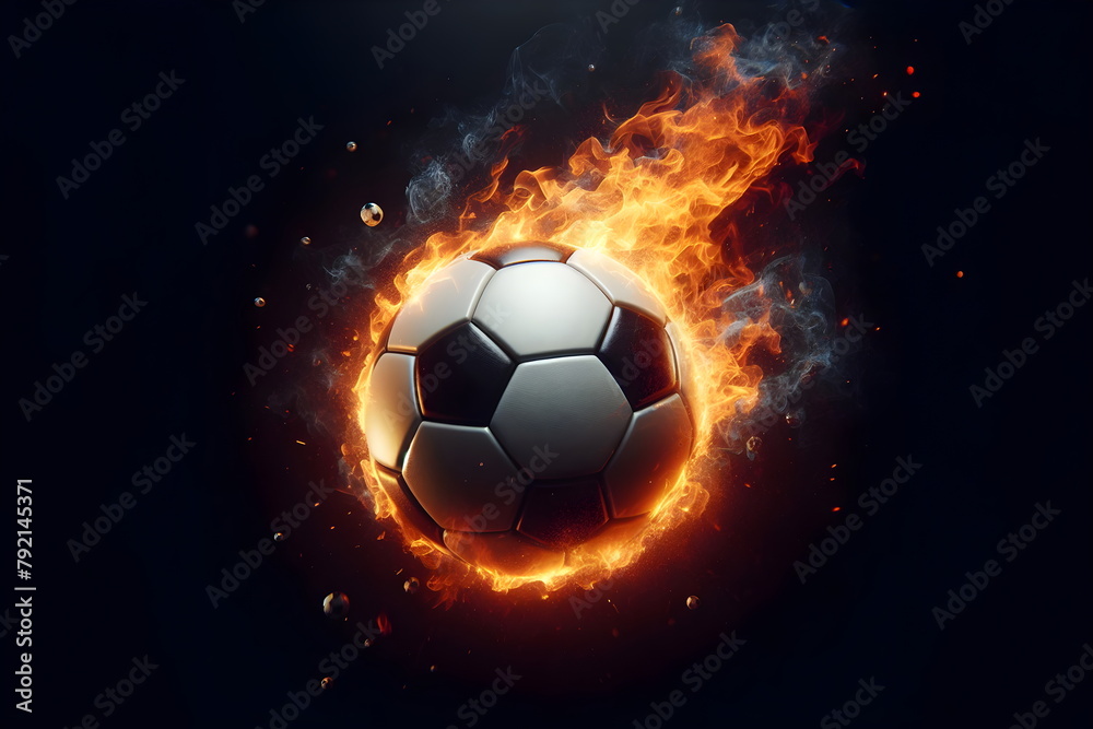 Naklejka premium a close up of a soccer ball on fire with a black background