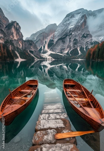 Two Canoes on Lake With Mountains © olegganko