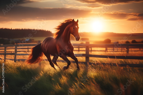 a horse running in a field at sunset with a fence in the background photo