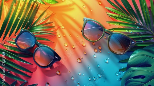 Citrus Fruits and Palm Leaves on Yellow Background