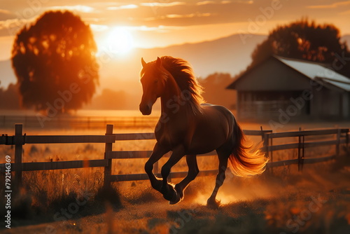 a horse running in a field at sunset with a fence in the background