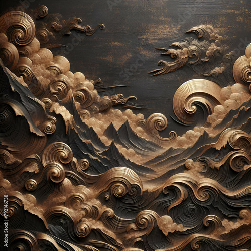 Auspicious Aged Rustic Ebony Brown Great Golden Waves & Swirls Backdrop Displaying Rich Texture Art. Beautiful Organic Stormy Oceanic Water & Dragon Fire Dreams the Silent Shadow Modern Expressionism photo