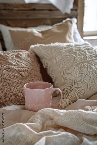 Pink Cup on Bed Next to Pillows